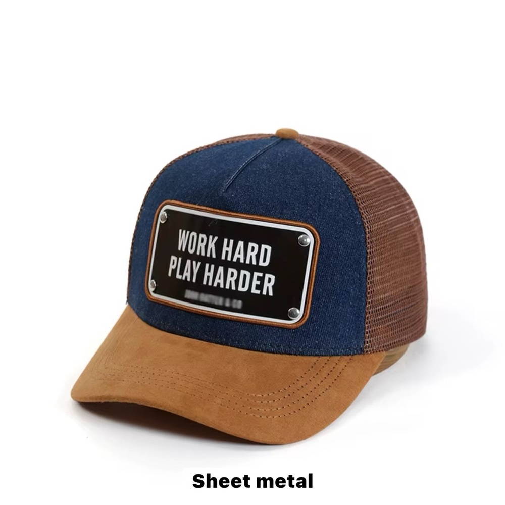 Blue and Brown Trucker Hat with Motivational Patch